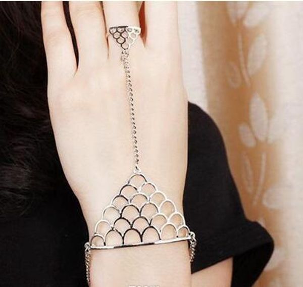 

triangle bracelet ring punk metal gold silver plated triangle shape spike chain hand finger ring bracelet vintage bangle jewelry, Golden;silver
