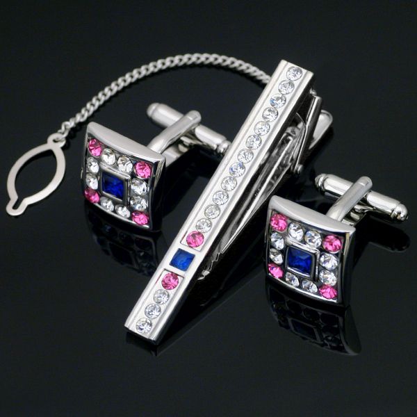 

из нержавеющей стали кристалл серебряный зажим для галстука и запонка набор бесплатная подарочная коробка для мужской подарок свадьба францу, Silver;golden