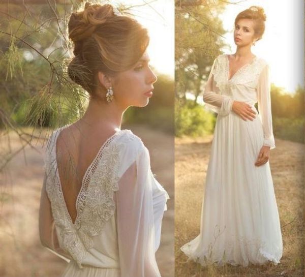 

2016 boho wedding dresses long sleeves v neck open back vintage bridal gowns summer simple chiffon garden beach custom made wedding gowns, White
