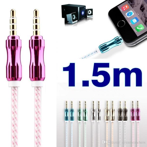 Alumínio Trançado Estéreo de 3.5mm AUX Auxiliar Cabo de Áudio Estendido 1 M 1.5 M Tecida fio para o iphone 6 S Samsung S7 MP3 MP4 computador falante