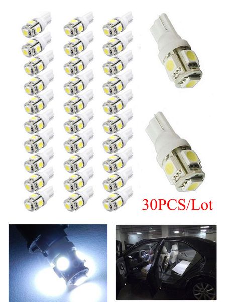 

30pcs super white t10 wedge 5-smd 5050 led side tail plate brake parking light bulbs w5w 2825 158 192 168 194
