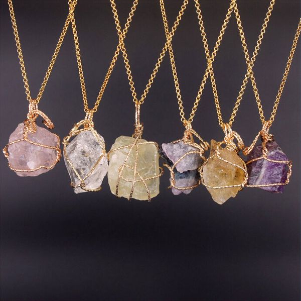 

irregular natural stone pendant necklace amethyst crystal agate stone necklace pendant winding natural fluorite lemon stone bohemian jewelry, Silver