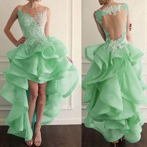 

tulle & organza sheer jewel neckline hi-lo a-line prom dresses with lace appliques ruffled organza evening gowns illusion back, Black