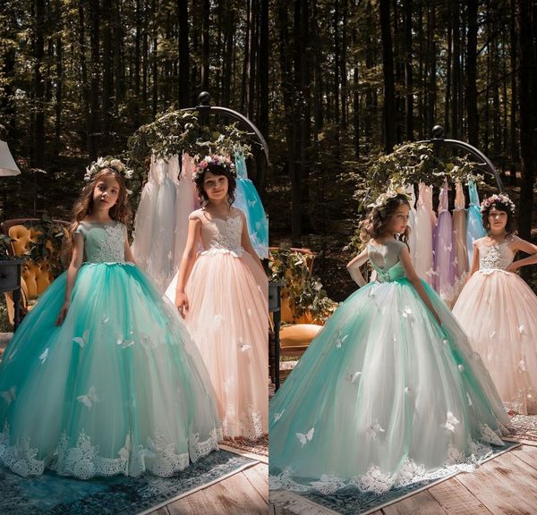 

2019 new de ign mint green girl pageant dre e ball gown lace appliqued butterflie kid evening prom party gown