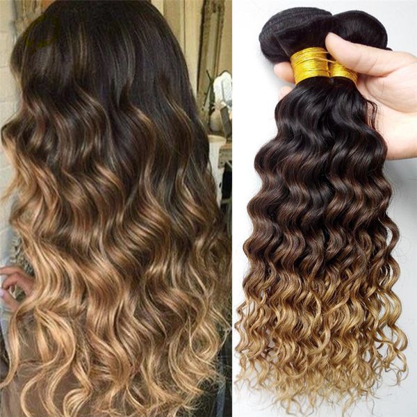 1b 4 27 Honey Blonde Ombre Hair Deep Curly Brazilian Hair Bundles Dark Roots Three Tone Ombre Blonde Curly Hair Wefts Best Weave For Natural Hair