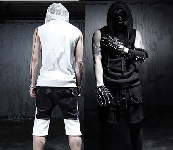 

wholesale- 2016 new arrivial korean cool summer gothic tank sleeveless men with hooded black white slim fit rock punk clothes, White;black