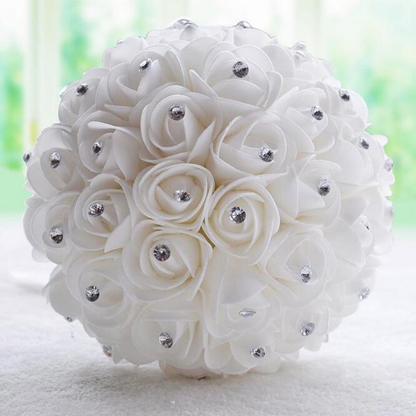 

beautiful white ivory bridal bridesmaid flower wedding bouquet artificial silk flower rose bouquet crystal bridal bouquets