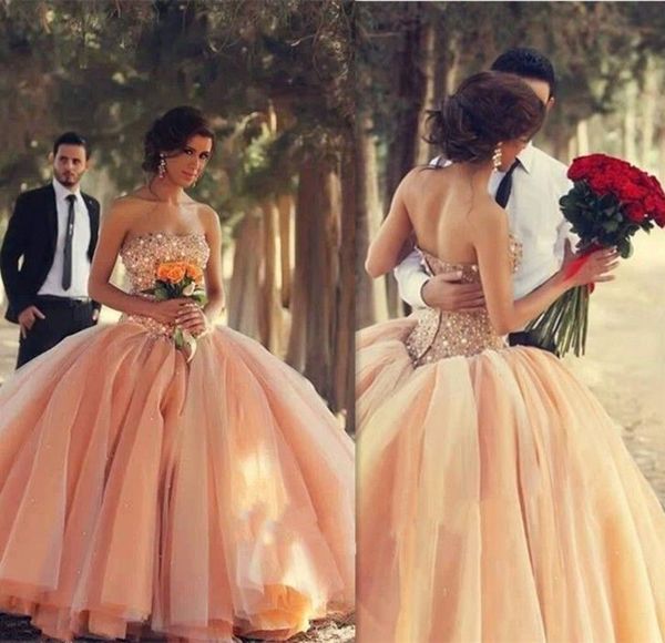 Bling Bling Coral Ball Gown Abiti da ballo Brillanti paillettes Perline Cerniera superiore / Pizzo posteriore Abiti Quinceanera Abiti da sera