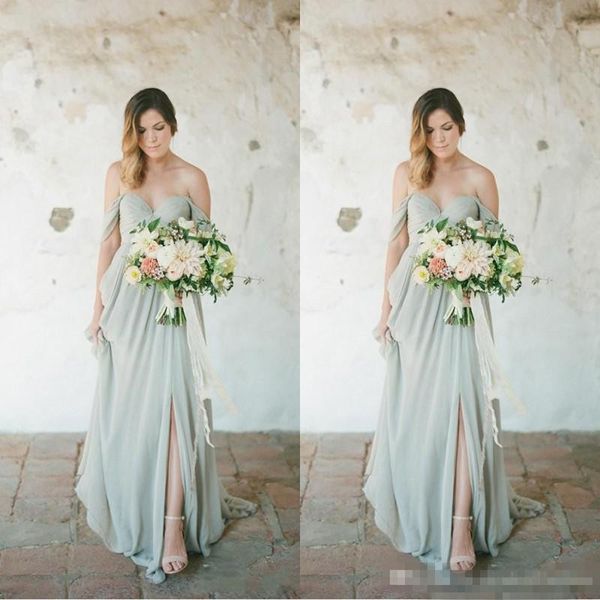 

.Sage Boho платья невесты 2017 Eleagnt Long For Wedding Guest Dress шифон с плеча сторона Сплит плюс разм