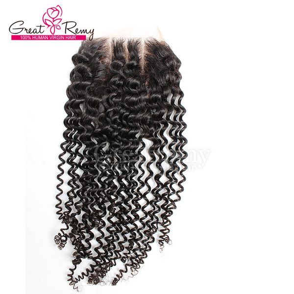 Peruano encaracolado Onda Top Lace Fechamento Três vias Parte 4 * 4 Hairpieces Virgem Cabelo Humano Cor Natural Remy Hair DIERAVE GREATREMY FAST