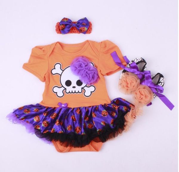

halloween baby rompers clothes kid clothing pumpkin sets three pieces headbands shoes dress kids pumpkin dresses suits cotton fk 001, White