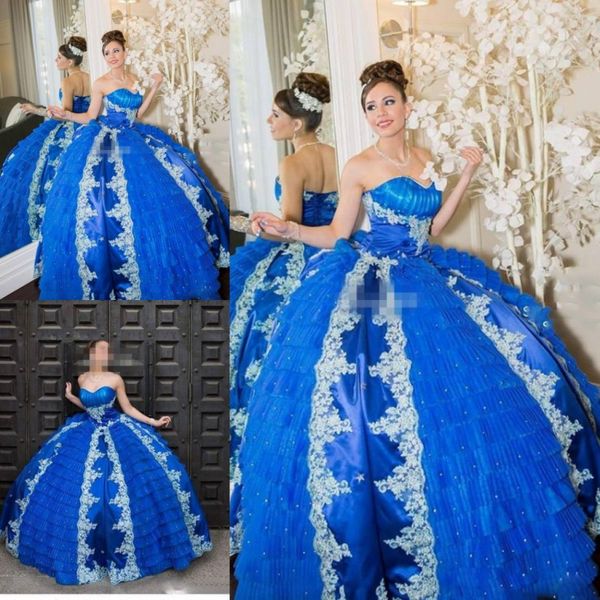 Königsblaues Ballkleid mit herzförmigem Korsett und Ballkleid, rückenfrei, mit Perlen und Rüschen, 2017 Quinceanera-Kleider nach Maß