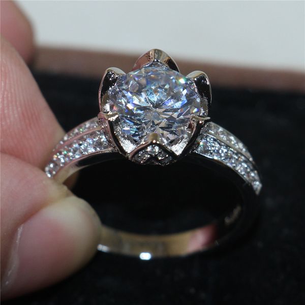 

vintage lotus form 925 sterling silver ring sets round simulated diamond zircon finger rings wedding band jewelry for women, Slivery;golden