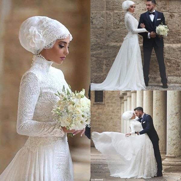 

Длинные рукава сказал Mhamad мусульманское свадебное платье высокая Jewel шеи кружева длинный халат де mariage Исламский арабский свадебные платья с хиджаб BA1023