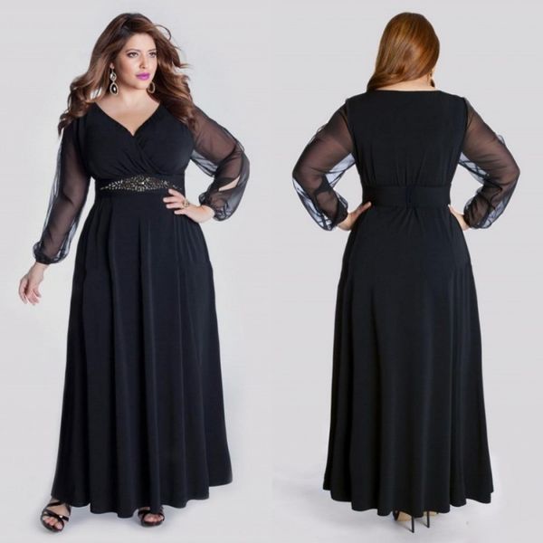 

платья выпускного вечера больших размеров черное платье с длинными рукавами с v-образным вырезом вечерняя одежда длина пола шифон вечерние п, Black