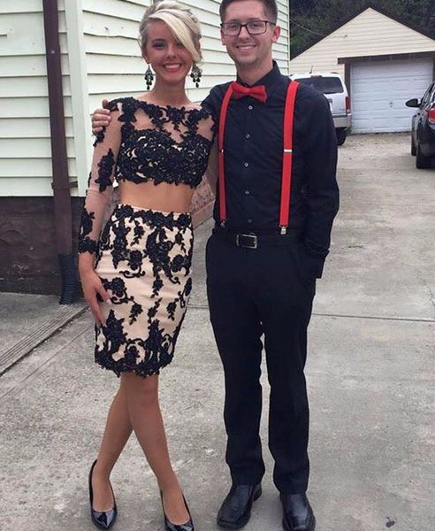 

sheer neck sheath short prom dresses with applique lace beaded long sleeve homecoming dress two piece black formal party evening gowns