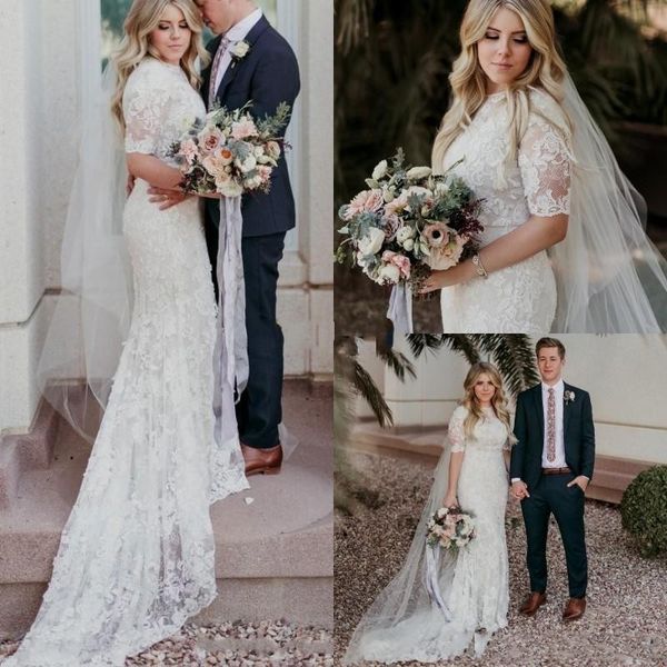 

2017 Fall Mermaid Lace Plus Size Wedding Dresses With Half Sleeves Jewel Neck Buttons Back Women Country Western Bridal Gowns Custom Made