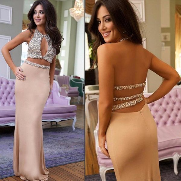 

backless mermaid prom dresses halter neck beaded crystal long prom party dresses women formal party dress two pieces evening gowns, Black
