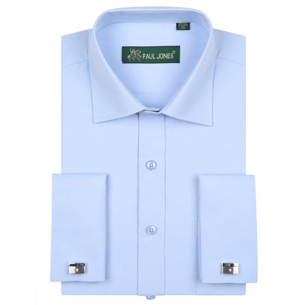 Camisa masculina de manga comprida com punho francês, camisa sólida com gola aberta, mistura de algodão, camisa clássica de smoking (abotoadura incluída)