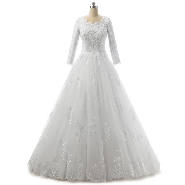 

bateau neck lace tulle wedding dress with 3/4 sleeves 2020 appliques wedding gowns lace up, White