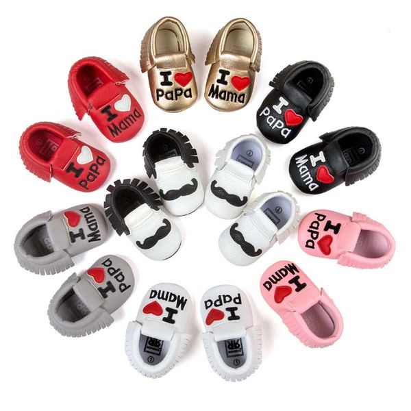 

baby beard moccasins soft sole pu leather first walker shoes papa mama printing newborn bow tassels moccasin toddlers shoes 8 color ems