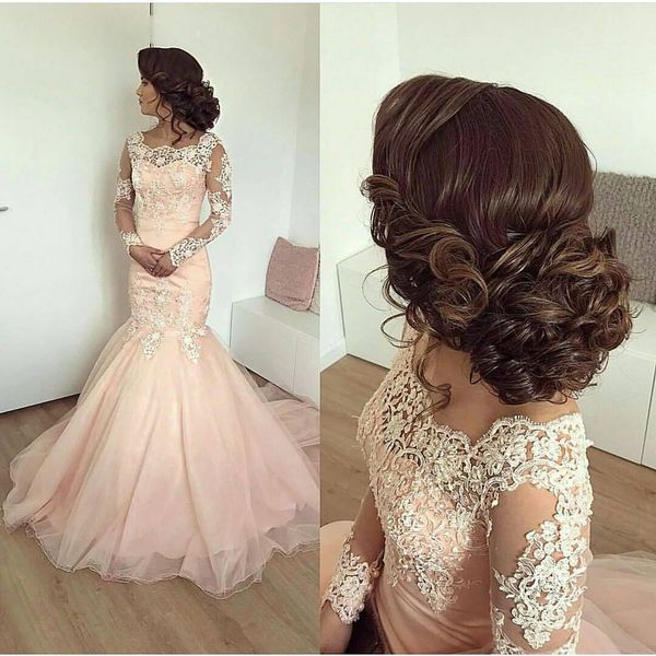 

dusty pink mermaid evening dresses sheer long sleeves elegant formal gowns with lace appliques lace up evening party dress, Black;red