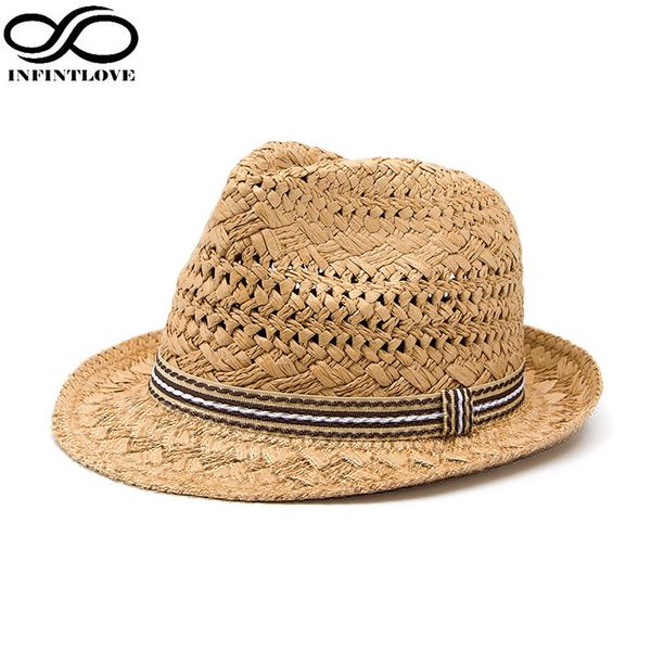 All'ingrosso- INFINITLOVE Moda estiva fatta a mano da donna Spiaggia Boho Fedora Cappello di paglia Cappello da sole Cappello da sole Uomo Jazz Cappello Gangster Cap (Taglia unica: 58 cm)