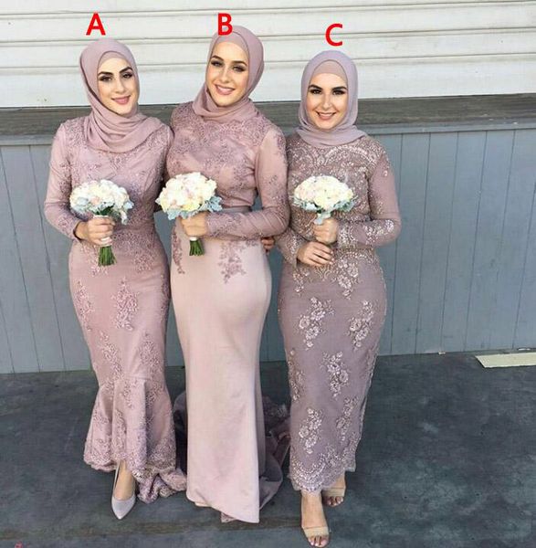 

Vintage Muslim Bridesmaid Dresses long Sleeves Sheath Formal Dress Wedding Guest Gowns High Neck Lace Prom Dress