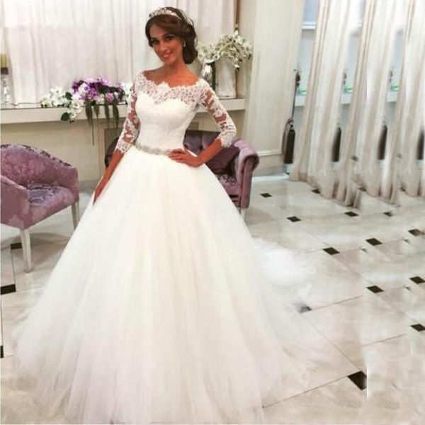 

modest arabic wedding dress with sleeves a line illusion bateau neckline lace appliques puffy tulle bridal gowns sweep train sash, White