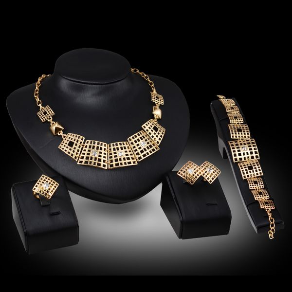 

necklaces earrings bracelets rings sets luxury fashion rhinestone 18k gold plated geometric square alloy wedding jewelry 4-piece sets js040, Slivery;golden