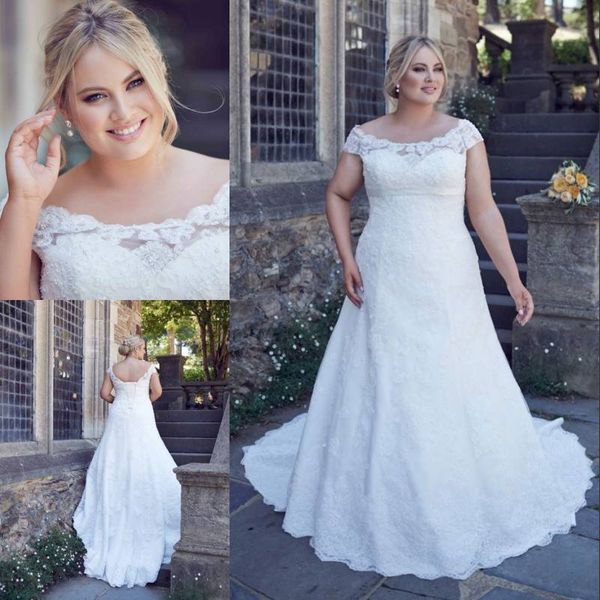 

elegant plus size lace wedding dresses bateau neck a-line custom made beaded bridal gowns lace-up back sweep train wedding dress, White