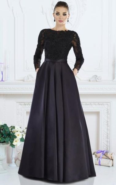 Black Long Mother Of The Bride Dresses Illusion Long Sleeves Sheer Back