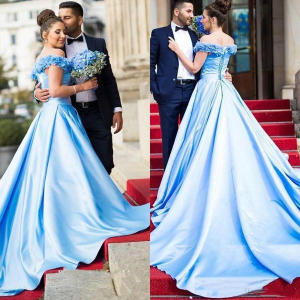 Ligh Sky Blue Hand Made Blumen Prom Kleider Dubai Arabisch Festzug Kleider Anlass Abendgesellschaft Kleid Korsett Quinceanera Kleider vestidos