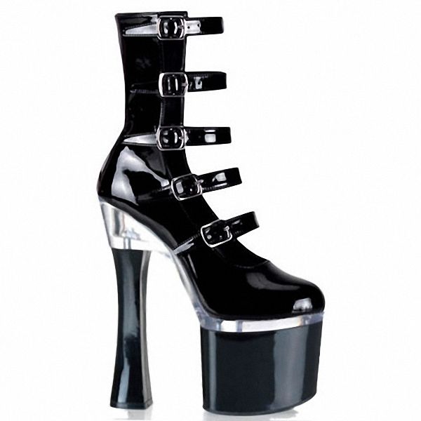 

customize women summer black pu patent leather 18cm high heels ankle boots with buckles platform 8cm short boots d0157