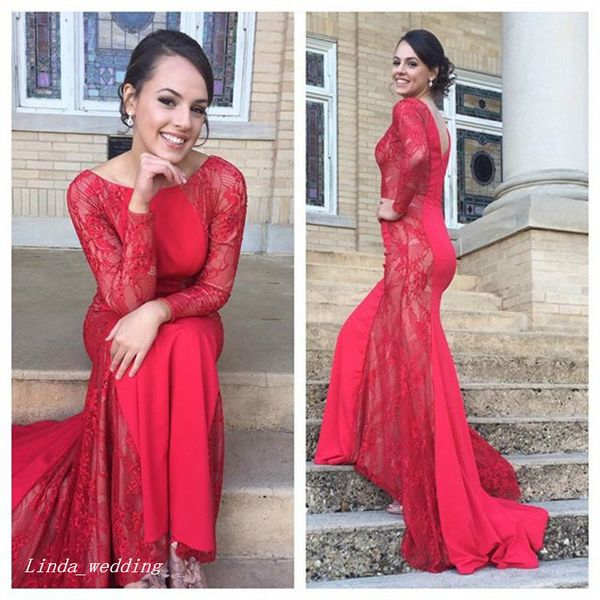 2019 Hot Red Long Sleeves Prom Kleid Sexy Meerjungfrau Spitze Open Back Kleid für Besondere Anlässe Abend Party Kleid Plus Größe vestidos de festa