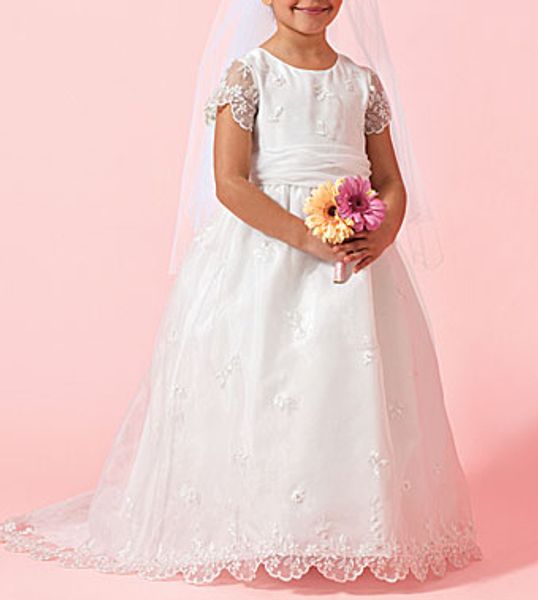 

2016 lovely flower girls dresses lace ivory jewel neck buttons back with short sleeves floor length ball gown girls pageant dress, White;blue