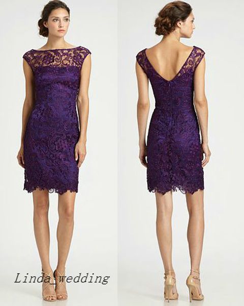 Frete Grátis Roxo Renda Dama de Honra Dress New Bateau Bainha Beath Praia Doméstica de Honra Vestido de Festa de Casamento