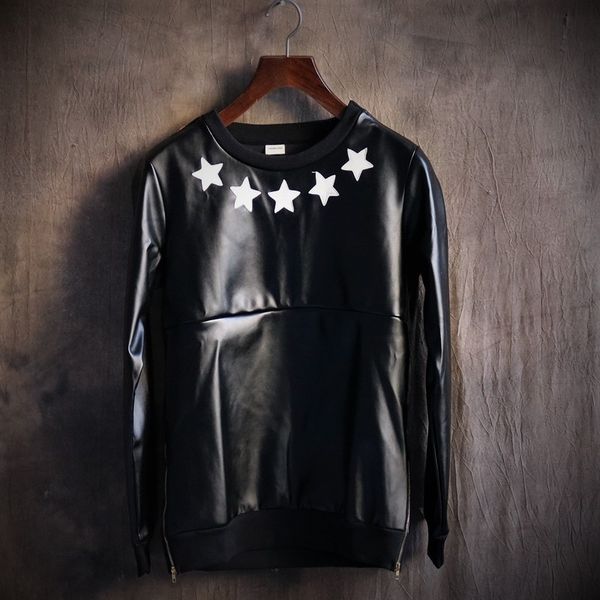 

wholesale- men's hip-hop sets all leather pu the round collar loose big yards render unlined upper garment the locomotive fur fleece ma, Black