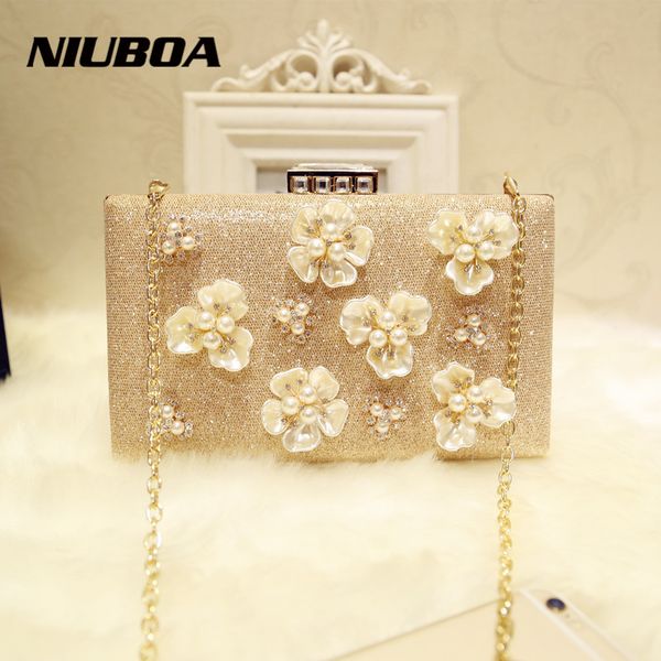 

wholesale- woman evening bag gold glittered pearl flower clutch bags wallet wedding purse party banquet girls shoulder messenger bags