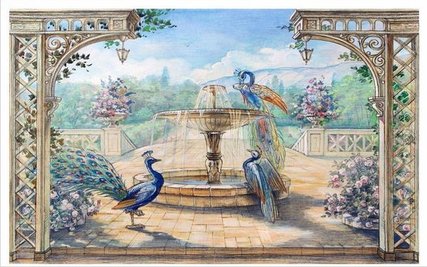 

blue sky white clouds garden fou ntain blue peacock landscape oil painting wall background