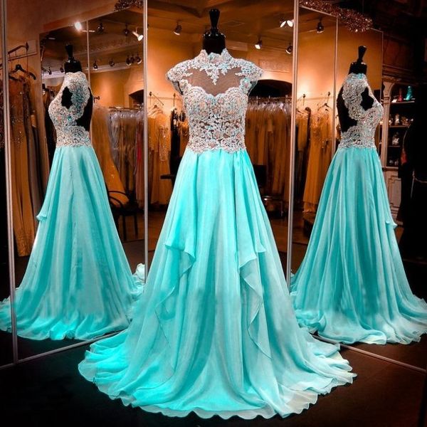 

glamorous high neck chiffon a line prom dresses elegant lace appliques cap sleeves sheer formal crystals evening pageant gowns, Black;red