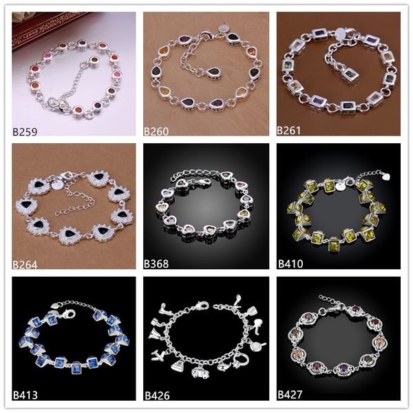 

round link, chain colors stones droplets heart sterling silver plated bracelets 8 pieces mixed style gtb34 women's gemstone 925 silver, Black