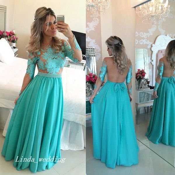 Frete Grátis Manga Comprida Turquesa Prom Vestido New Jade Verde Longo Chiffon Formal Partido Celebridade Inspirado Vestido