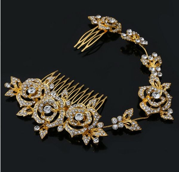 

gorgeous long bridal hair comb 18k gold plated rose crystal rhinestones long women hair comb clip bridal hair accessories, Silver