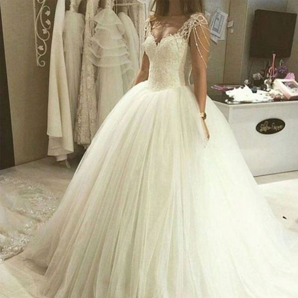 Abiti da sposa principessa dalla Cina Abito da ballo Sweetheart Cinghie trasparenti Perline Pizzo Tule Abiti da sposa gonfi in tulle su misura