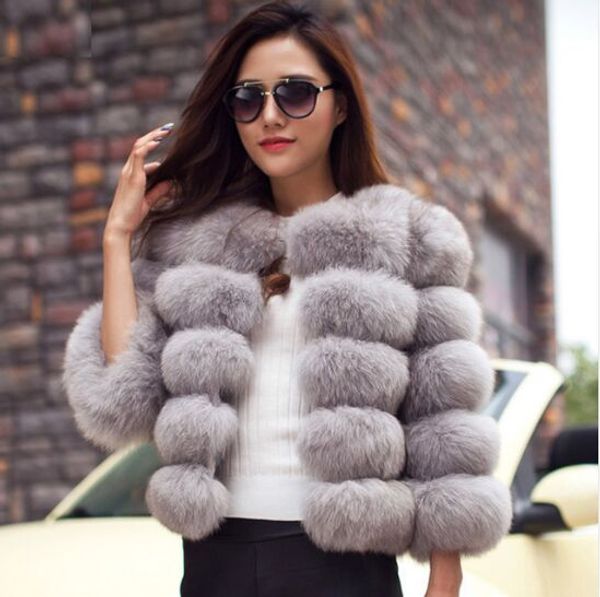 

2019 winter fox fur coat jacket petite ladies fur peacoat outwear round neck long sleeve parka coats short trench coats warm outwear, Black