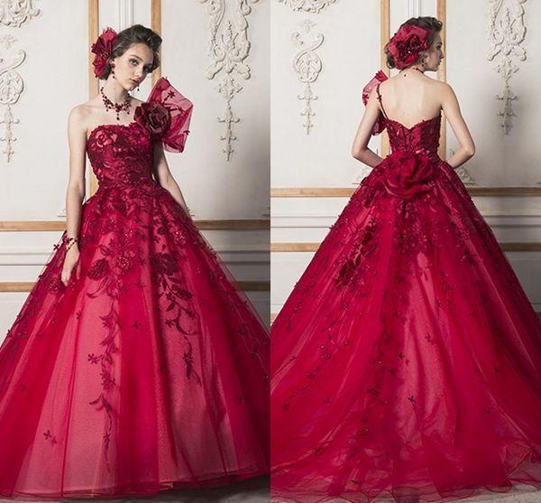 Discount Red Lace Applique Bridal Dresses One Shoulder With Handmade Flowers Wedding Gowns Back Zipper Sweep Train Custom Made Tiered Wedding Dresses