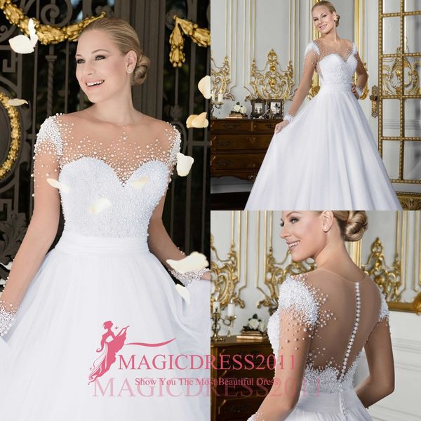 

Ve tido de noiva 2016 a line wedding dre e heer illu ion long leeve jewel neck beaded pearl vintage garden country brazil bridal gown