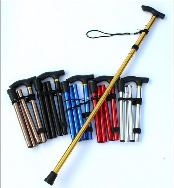 

outdoor portable folding cane 4-section aluminum alloy adjustable canes camping hiking mountaineer walking sticks trekking pole 6 colors