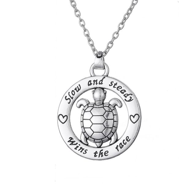 

dropshipping slow and steady wins the race tortoise circle affirmation pendant inspirational word necklace animal turtle jewel, Silver